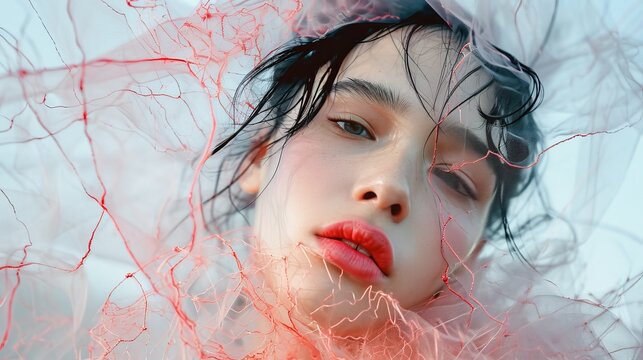 Close up portrait of a beautiful girl with red lips and smoke on her face