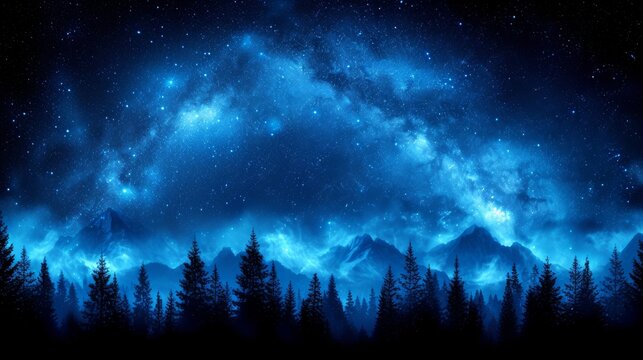Enchanting blue night sky with a mystical nebula over a shadowy mountain range, inspiring wonder and exploration