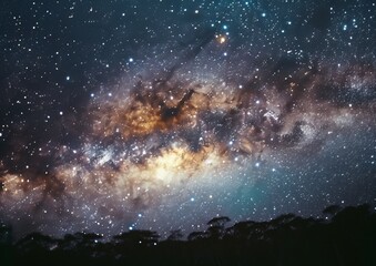 Dense Star Field with Milky Way Galaxy Visible Over a Silhouetted Forest - obrazy, fototapety, plakaty