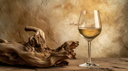 Fotobehang Elegant white wine glass beside rustic wooden piece. Wine tasting and decoration. © Postproduction