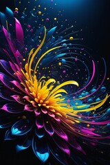 A vivid abstract swirl with splashes of yellow, blue, and purple against a dark background.
