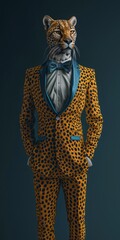 Abstract, creative, illustrated, minimal portrait of a wild animal dressed up as a man in elegant clothes. A tiger standing on two legs in business suit