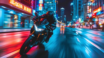 Racing motorcycle on speedway in a night city, with neon lights. generative AI