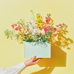 Aerial view of woman's hand holding open gift box full of spring flowers against light yellow background