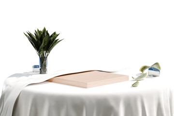 3d rendering Wooden round side table with curtain product display podium background. abstract background for cosmetic advertising sale product. Organic cosmetic and food concept. 3d rendering.