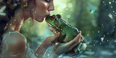 Foto op Canvas An urban, modern, contemporary princess who kisses a little frog who will become her prince from a fairy tale © Pastel King