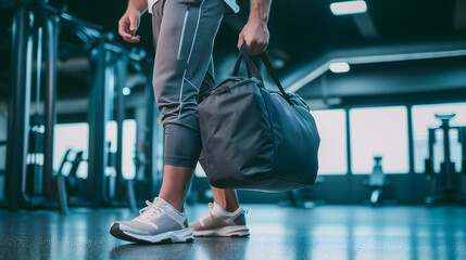 Une personne debout dans une salle de sport tenant un sac de sport et portant des chaussures.