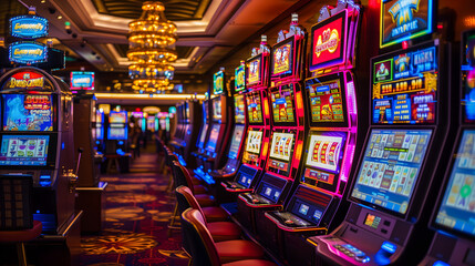 Des rangées de machines à sous dans un casino.