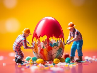 Funny abstract creative concept, builders, workers building a huge pastel Easter egg. A large...