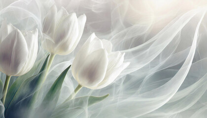 Wzór kwiatowy, białe tulipany, tapeta - obrazy, fototapety, plakaty