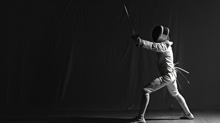 Fencing concept with protective gear and a solo athlete holding a sword (foil) - obrazy, fototapety, plakaty