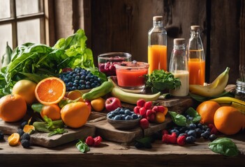 illustration, vibrant display various immune system boosting foods rustic wooden table, immunology, health, fruits, vegetables, vitamins, nutrition, orange