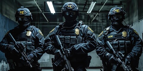 SWAT team concept with federal government agents ready to enforce law and order to protect democracy by any means necessary - armed agents with firearms - obrazy, fototapety, plakaty