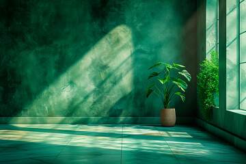 Beautiful original background image of an empty space in green tones with a play of light and shadow on the wall and floor for design or creative work