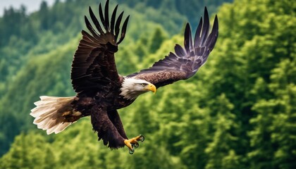 forest, flight, wings, predator, green, Majestic Eagle Soaring High Above Lush Green Forest Scanning the