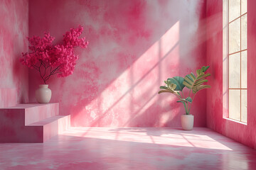 Beautiful original background image of an empty space in pink tones with a play of light and shadow on the wall and floor for design or creative work