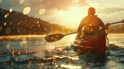 Canoeing in the water - paddling a personal boat in a river or lake during the warm summer and spring months - obrazy, fototapety, plakaty