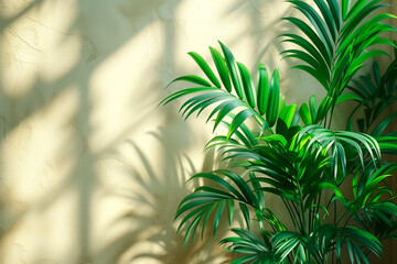 Blurred shadow from palm leaves on light cream wall. Minimalistic beautiful summer spring background for product presentation.