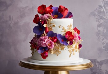 illustration, masterpiece confectionery art: intricately decorated cake vibrant floral toppings gold accents, adorned, aesthetic, artistry, attractive, arrangement, cake
