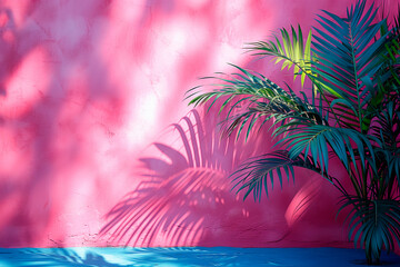 Fototapeta na wymiar Blurred shadow from palm leaves on the pink wall. Minimal abstract background for product presentation. Spring and summer.