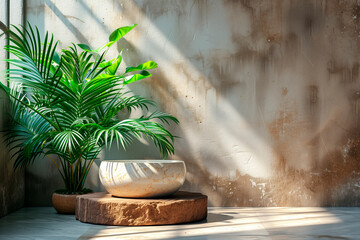 Original beautiful background image for presentations product with natural composition. Marble pedestal and green twigs on wooden base against wall with shadow of tropical leaves