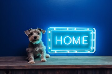Home neon sign on blue wall and small little dog. Home concept - Powered by Adobe