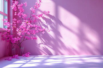 Minimalistic abstract gentle light purple background for product presentation with soft and intricate shadow from tree branches on the wall