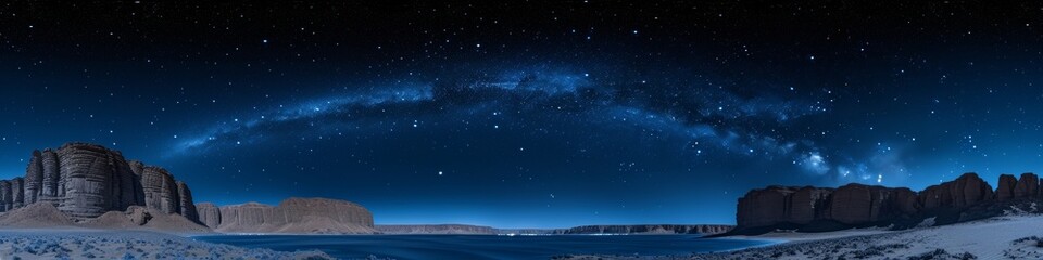 Fototapeta na wymiar Panoramic Night Sky Over a Secluded Desert Cove, Vast Milky Way Arc Over Natural Rock Formations