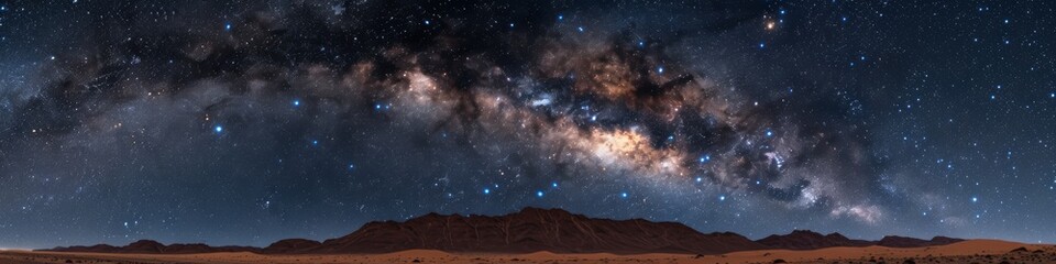 Vast Night Sky Over Desert Sands with Milky Way Galaxy Stretching Across the Horizon