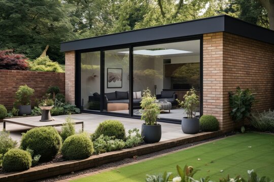 Contemporary architectural house extension featuring a stylish design and spacious courtyard area