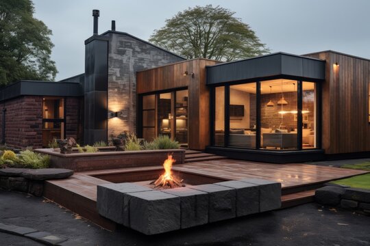 Modern house extension with courtyard, stylish design elements, and architectural enhancements.
