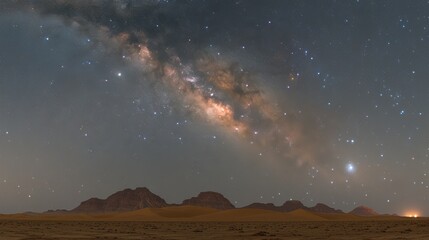 Panoramic Night Sky with a Breathtaking View of the Milky Way Over Desert Mountain Silhouettes