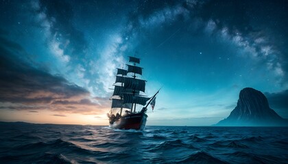 A grand sailing ship, canvases full, rides the tumultuous ocean under a starlit sky with a comet streaking overhead. The scene is a breathtaking blend of human endeavor and cosmic wonder.