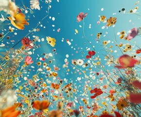 Obraz na płótnie Canvas Creative wallpaper made of spring flowers against blue sky