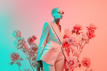 Minimal full body portrait of an albino woman wearing fashionable pastel suit with flowers. Creative love concept