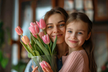 Mother's day, daughter and mom hugging and looking at camera