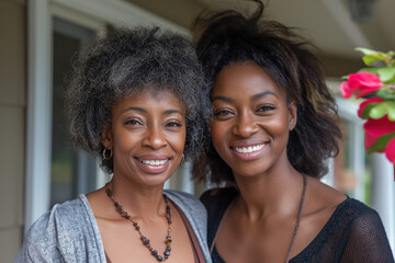 Mother's day, daughter and mom hugging and looking at camera