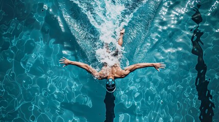 Aerial Top View Male Swimmer Swimming in Swimming Pool. Professional Determined Athlete Training for the Championship, using Butterfly Technique. 