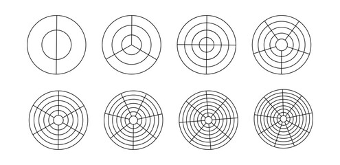 Polar grid divided template set. Radar circular graph   screen. PNG Grid with concentric circles diagram chart