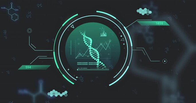 Animation of network of connections with dna strand over chemical formula