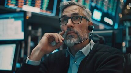 Portrait of Professional Middle Aged Trader Working on a Stock Exchange. Stylish Adult Man Communicating Buy and Sell Orders on a Call and Showing Hand Signals to an Arbitrage Broker  - obrazy, fototapety, plakaty