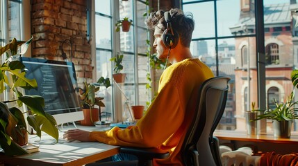 Young Handsome Man Working from Home on Desktop Computer in Sunny Stylish Loft Apartment. Creative Designer Wearing Cozy Yellow Sweater and Headphones. Urban City View from Big Window. 