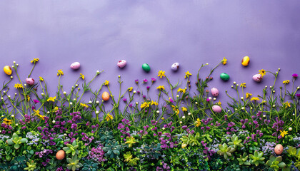Obraz na płótnie Canvas Easter background, colored easter eggs lying in the grass, field flowers, easter flowers background, fresh green spring Easter background with painted eggs on a green grass