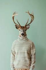 Rolgordijnen A human size deer in a trendy vintage hipster Winter sweatshirt. Abstract, illustrated, minimal portrait of a wild animal dressed up as a man in elegant clothes © Pastel King