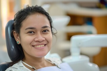 smiling asian brunette woman sitting in dental chair in medical office, dentistry concept