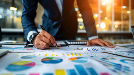 Business Analyst Reviewing Financial Charts and Graphs. Close-up of a business professional analyzing financial data with charts and graphs on a desk.