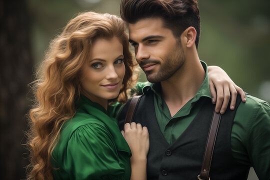 Young couple in vintage green clothing celebrating st patricks day. High quality photo