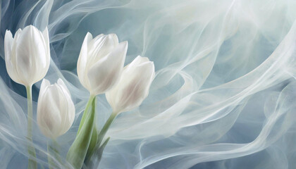 Białe kwiaty, tulipany na jasnym tle, puste miejsce, tapeta - obrazy, fototapety, plakaty