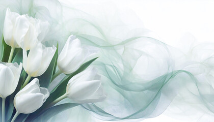 Białe kwiaty, tulipany na jasnym tle, puste miejsce, tapeta - obrazy, fototapety, plakaty