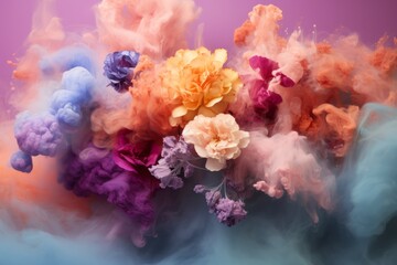 Cloud creative love concept of fresh Spring flowers in the sky background. Love, happy Valentine's Day an exploding bouquet